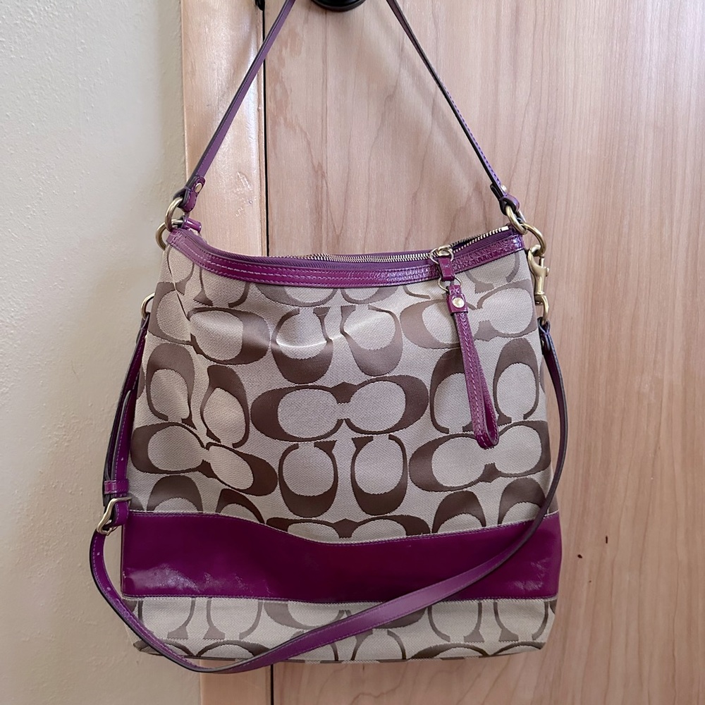 Coach Signature Stripe Patent Convertible Large Shoulder Handbag